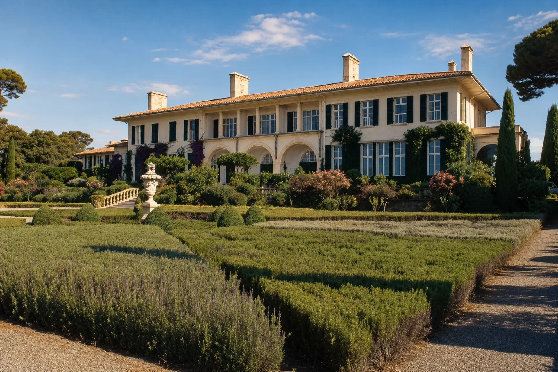 The garden facade of Chateau de la Garoupe in Cap d'Antibes