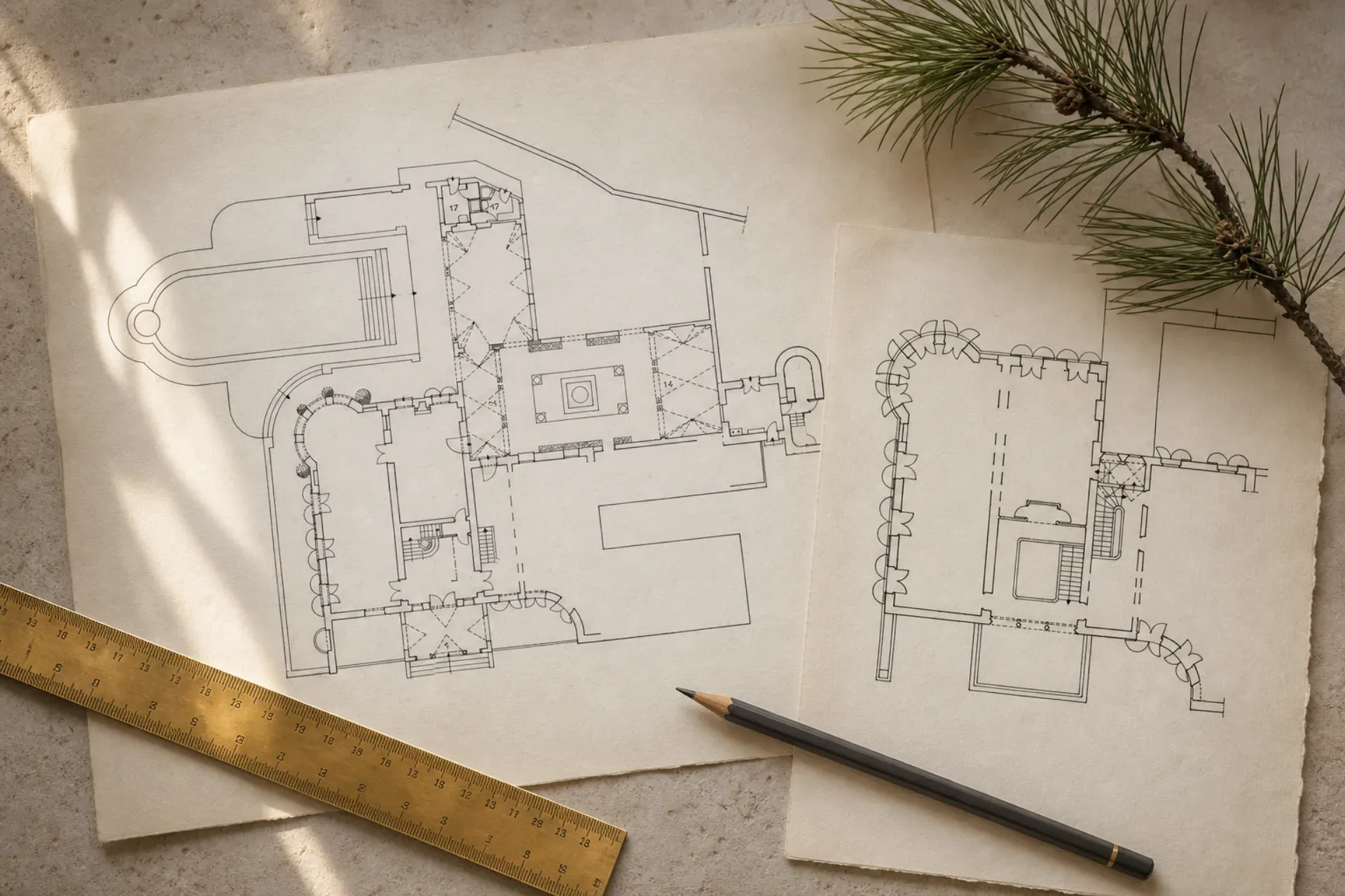 Archival architectural plans for Villa Hier by Barry Dierks